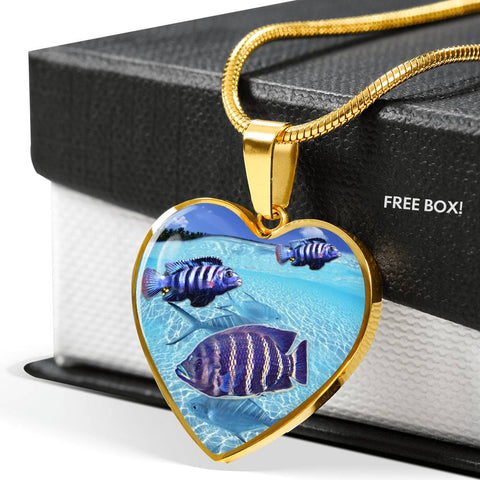 Lovely Afra Cichlid Fish Print Heart Charm Necklace
