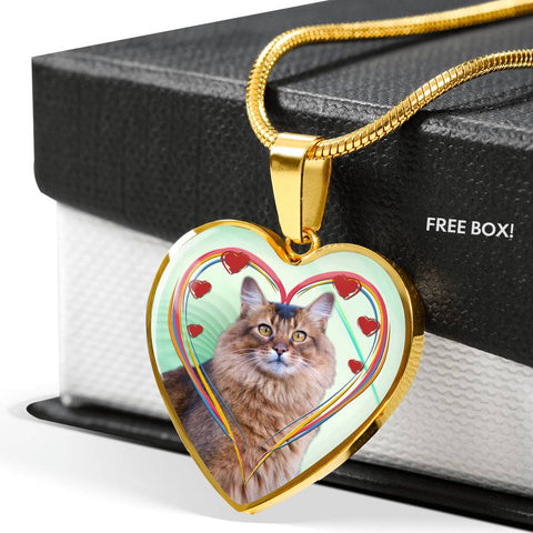 Somali Cat Print Heart Pendant Luxury Necklace