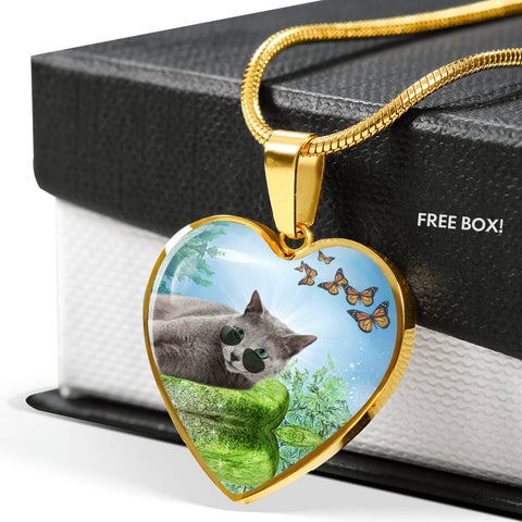 Russian Blue Cat Heart Pendant Luxury Necklace