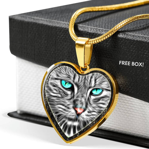 Blue Eyes Cat Print Heart Charm Necklaces