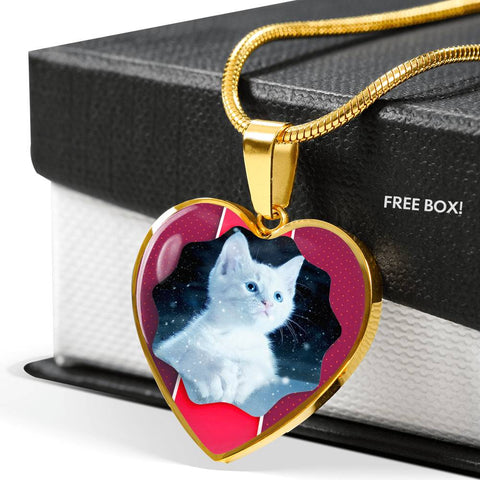 Cute White Kitten Cat Print Heart Charm Necklaces