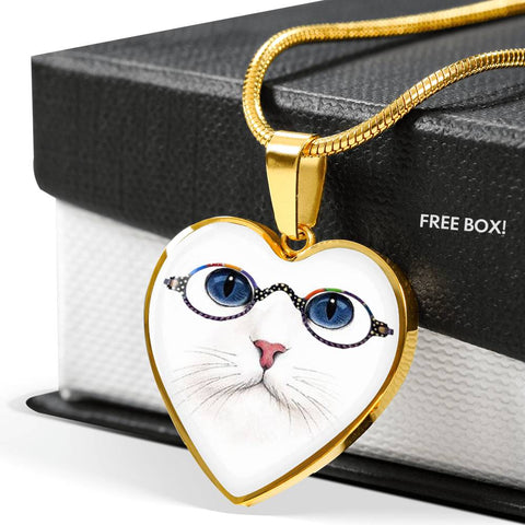 Cute Cat With Glasses Heart Pendant Luxury Necklace