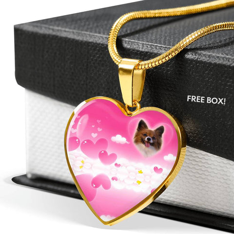 Papillon Dog Print Heart Pendant Luxury Necklace