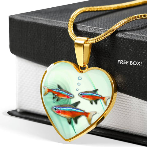 Neon Tetra Fish Print Heart Charm Necklace