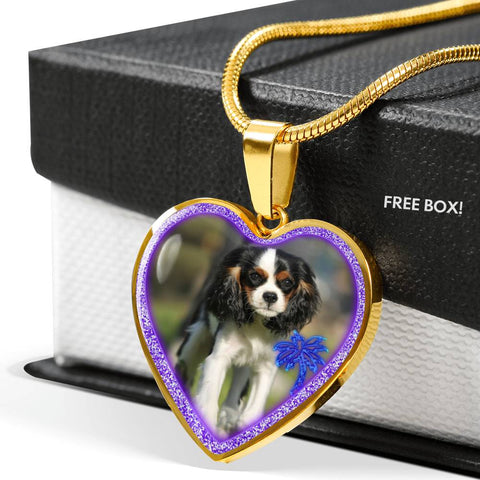 English Toy Spaniel Dog Print Heart Charm Necklaces