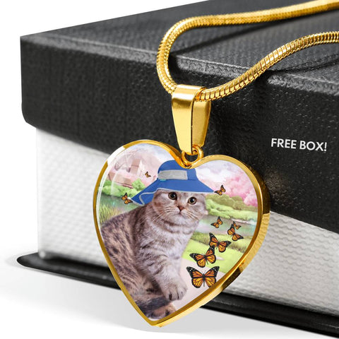 Scottish Fold Cat Print Heart Pendant Luxury Necklace