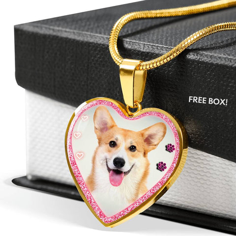 Pembroke Welsh Corgi Dog Print Heart Charm Necklaces