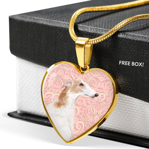 Borzoi Dog Print Heart Pendant Luxury Necklace