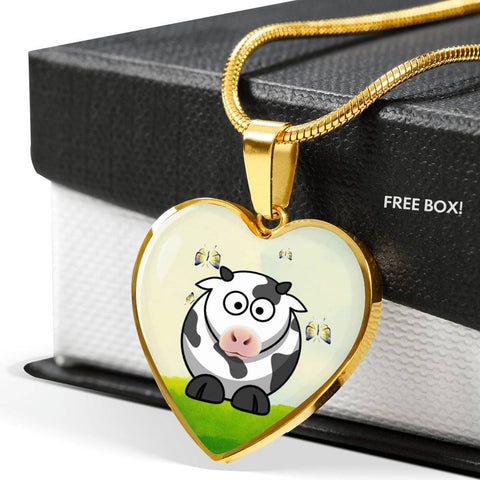 Cute Cow With Butterfly Print Heart Pendant Luxury Necklace