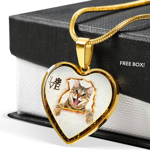 Lovely Bengal Cat Print Heart Charm Necklaces