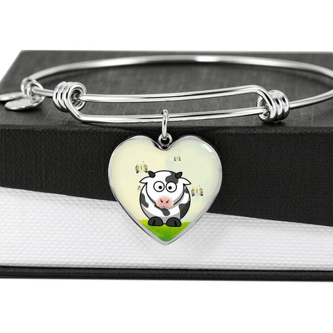Cute Cow With Butterfly Print Heart Pendant Bangle