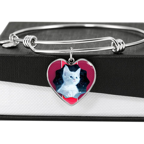 Cute White Kitten Cat Print Heart Pendant Bangle
