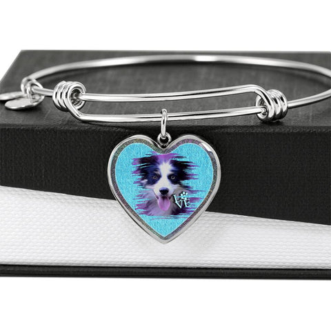 Border Collie Dog Art Print Heart Pendant Bangle