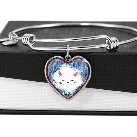 Cute Cat In Denim Print Heart Pendant Bangle