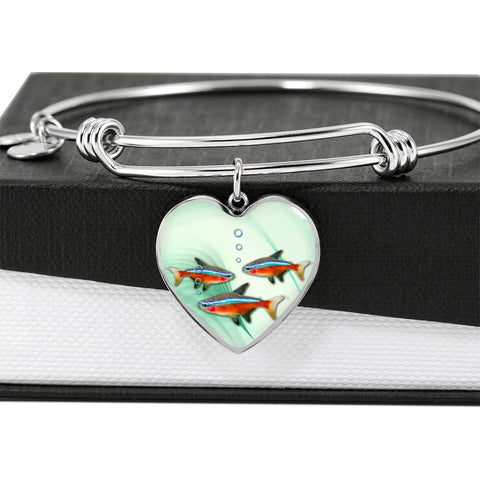 Neon Tetra Fish Print Heart Pendant Luxury Bangle