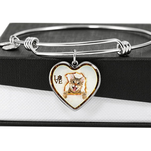 Lovely Bengal Cat Print Heart Pendant Bangle
