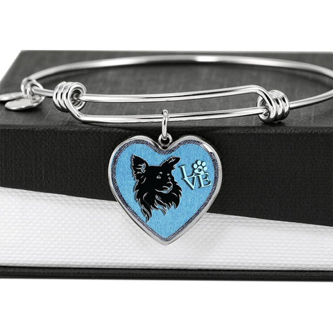 Papillon Dog On Denim Print Heart Pendant Bangle