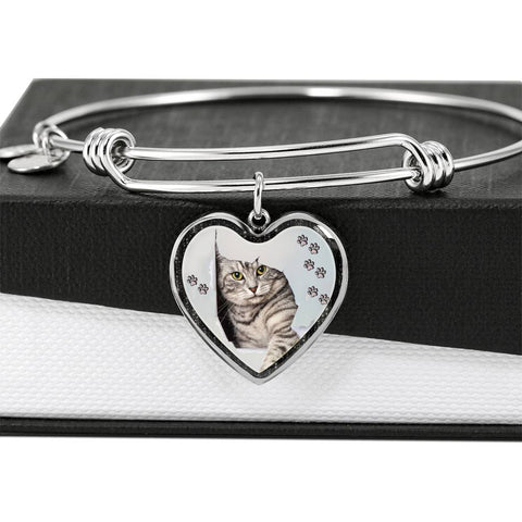 Charming Cat Art Print Heart Pendant Bangle