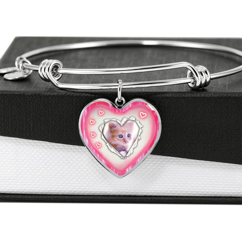 Cute Kitten Print Heart Pendant Bangle