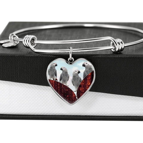 African Grey Parrot Print Heart Pendant Bangle