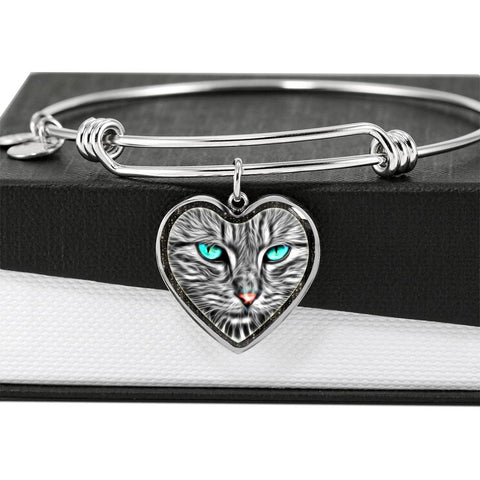 Blue Eyes Cat Print Heart Pendant Bangle