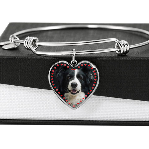 Border Collie Print Luxury Heart Charm Bangle