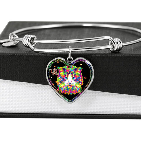 Colorful Cat Print Heart Pendant Bangle