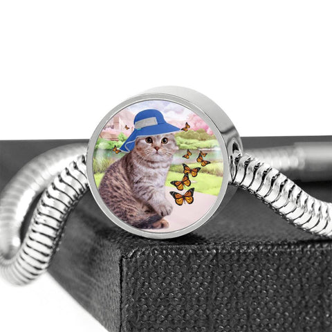 Scottish Fold Cat Print Circle Charm Steel Bracelet
