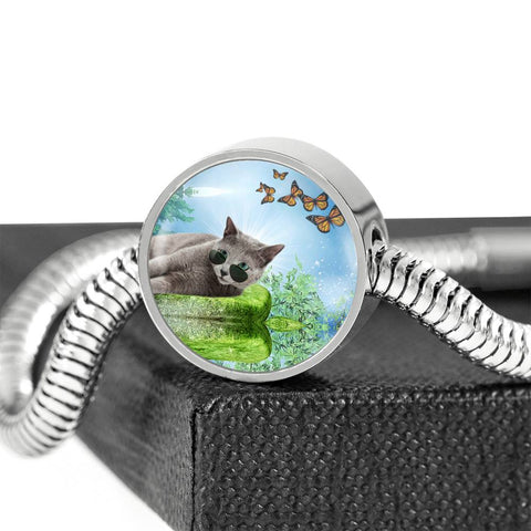 Russian Blue Cat Print Circle Charm Steel Bracelet