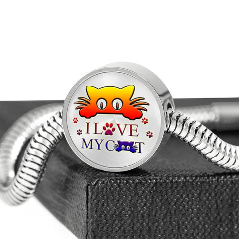 " I Love My Cat" Print Circle Charm Steel Bracelet