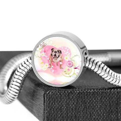 Bulldog Print Circle Charm Steel Bracelet