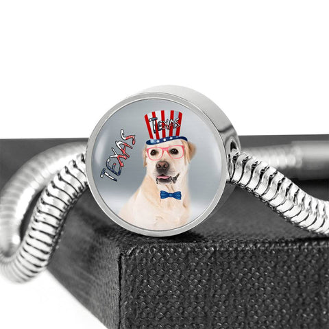 Labrador Retriever Texas Print Circle Charm Steel Bracelet