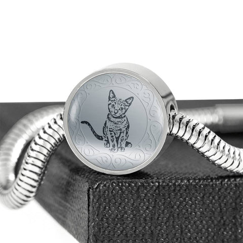 Russian Blue Cat Art Print Circle Charm Steel Bracelet