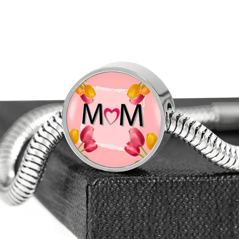 "MOM" Print Circle Charm Steel Bracelet