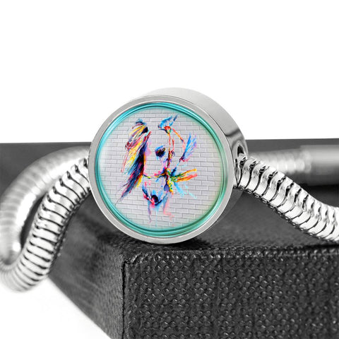 Horse Painting Print Circle Charm Steel Bracelet