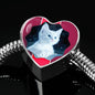 Cute White Kitten Cat Print Heart Charm Steel Bracelet