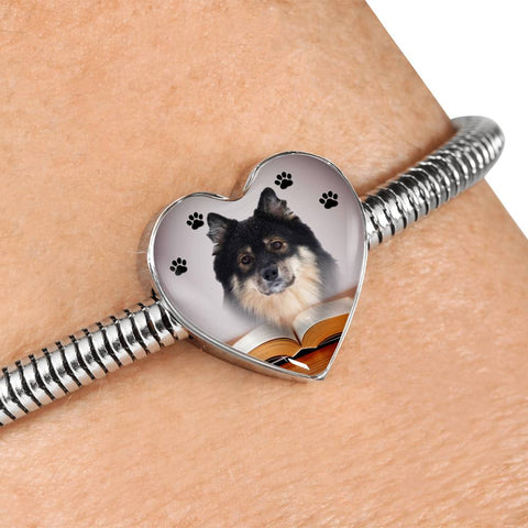 Finnish Lapphund Dog Print Heart Charm Steel Bracelet