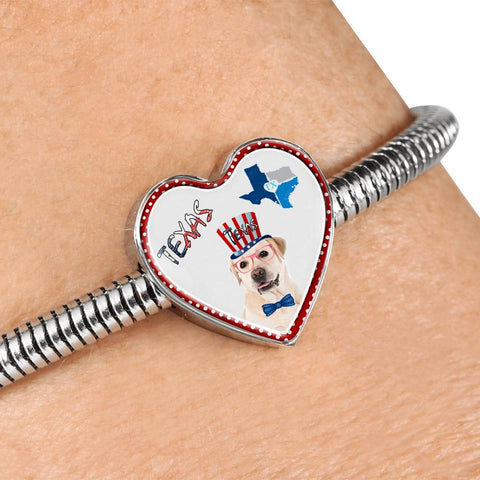 Labrador Retriever Texas Print Heart Charm Steel Bracelet