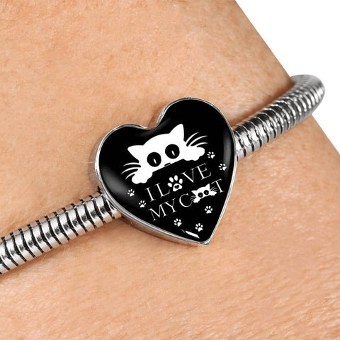 " I Love My Cat" Print Heart Charm Steel Bracelet