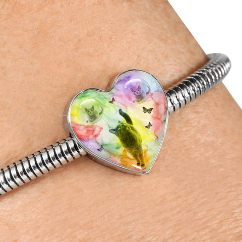 Cute Russian Blue Cat Print Heart Charm Steel Bracelet