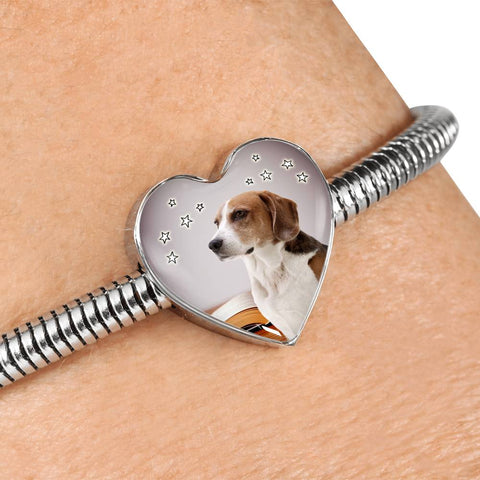 English Foxhound Print Heart Charm Steel Bracelet