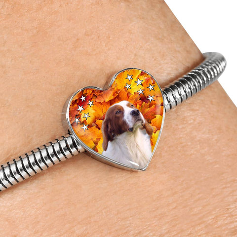 Irish Red and White Setter Print Heart Charm Steel Bracelet