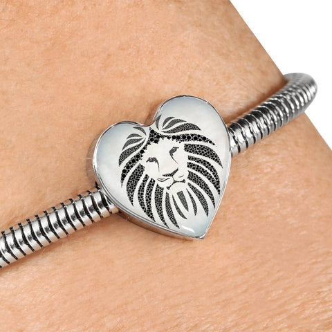 Lion Black&White Art Print Heart Charm Steel Bracelet