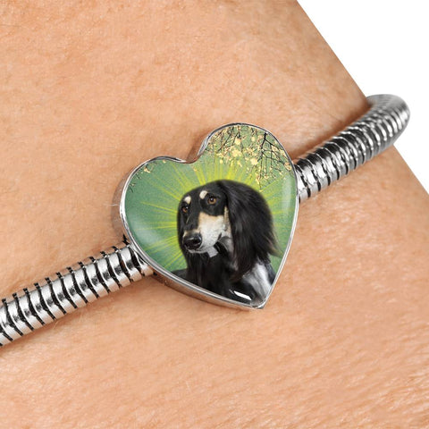 Black Saluki Dog Print Heart Charm Steel Bracelet