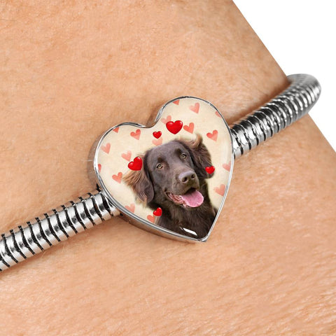 Flat Coated Retriever Print Heart Charm Steel Bracelet