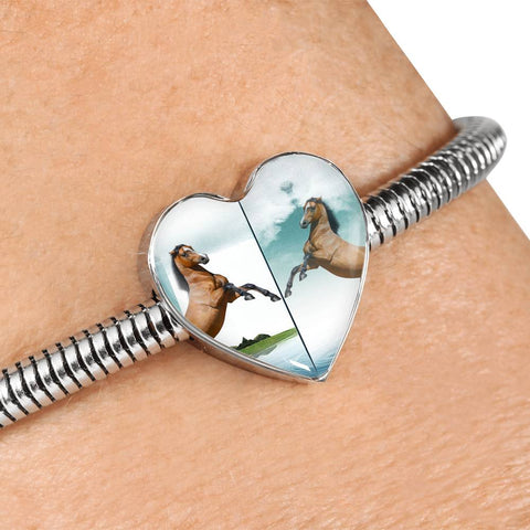 Lusitano Horse Print Heart Charm Steel Bracelet