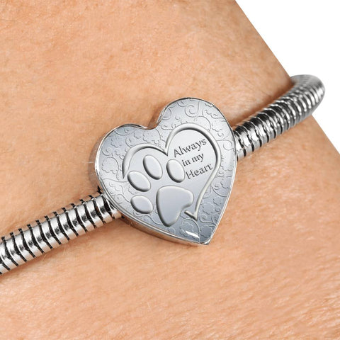 Paws Art Print Heart Charm Steel Bracelet