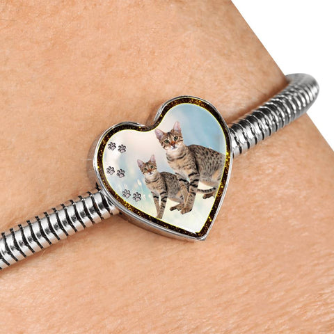 Savannah Cat Print Heart Charm Steel Bracelet