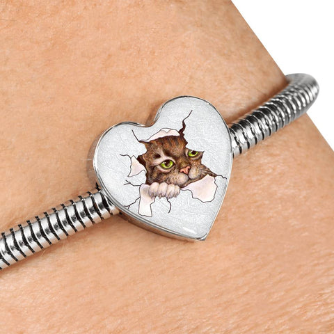 Amazing Cat Art Print Heart Charm Steel Bracelet