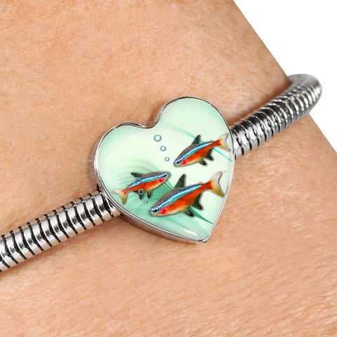 Neon Tetra Fish Print Heart Charm Steel Bracelet